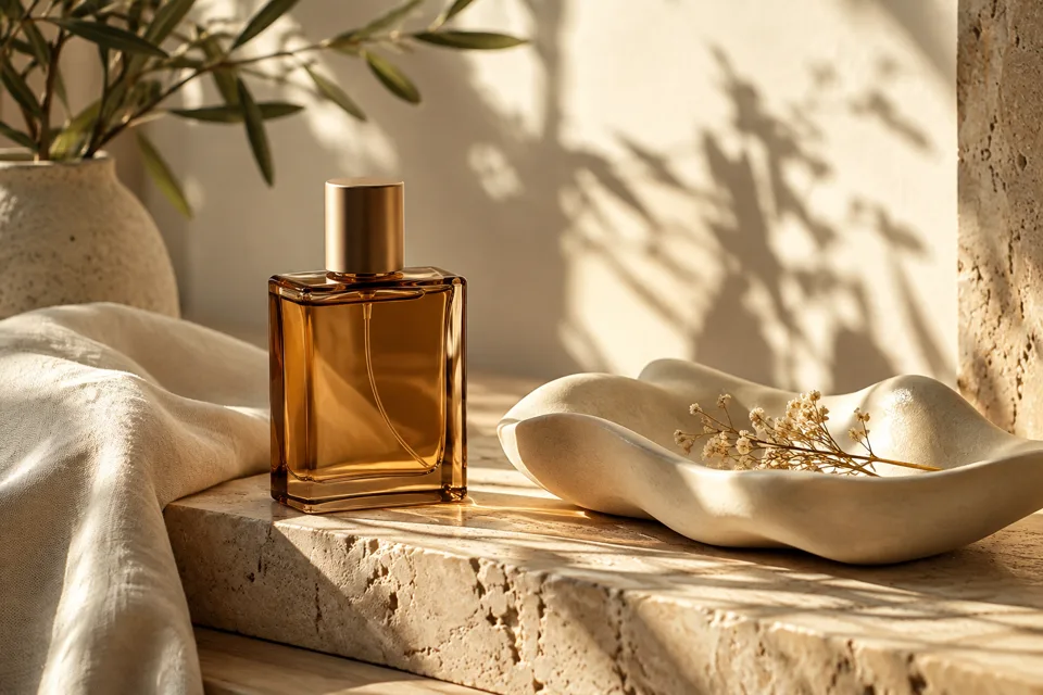 A simple beauty still life with a mirror and carefully arranged essentials