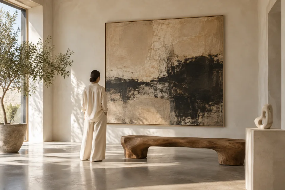 A quiet gallery setting with artwork and space to pause