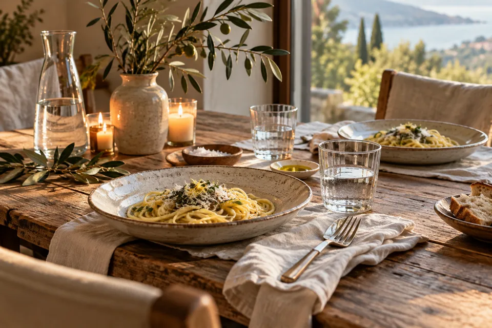 An inviting table set with simple ceramics and warm natural textures